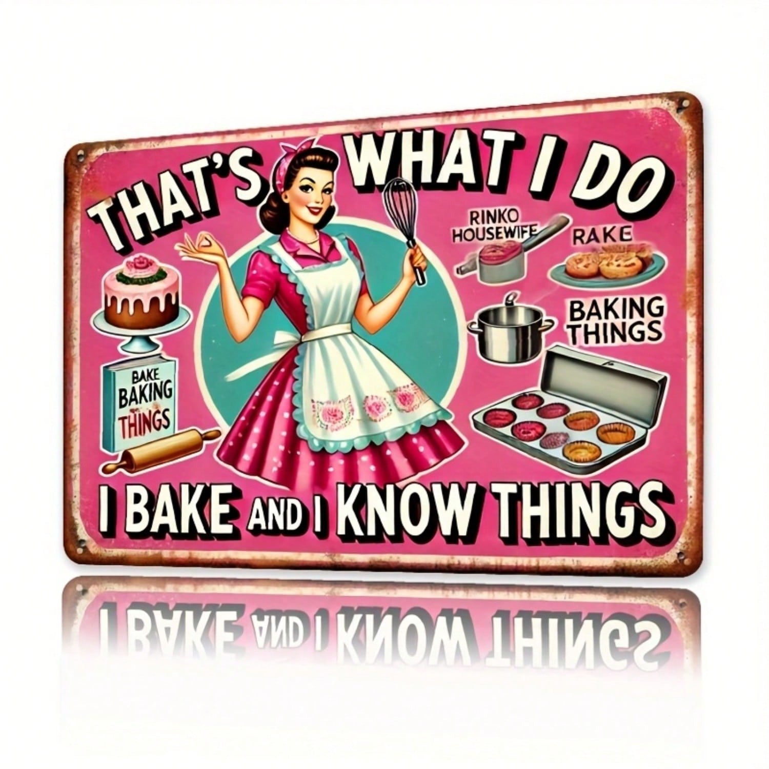 Retro Pink Baking Metal Tin Sign - Vintage 1950s Housewife Kitchen Metal Decor