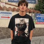 Samurai Cat Warrior Graphic T-Shirt Ukiyo-e Japanese Ink Art Tee