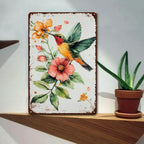 Retro Metal Hummingbird Sign Watercolor Floral Painting Cute Bedroom Kitchen Art