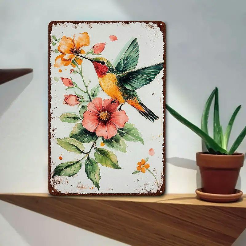 Retro Metal Hummingbird Sign Watercolor Floral Painting Cute Bedroom Kitchen Art