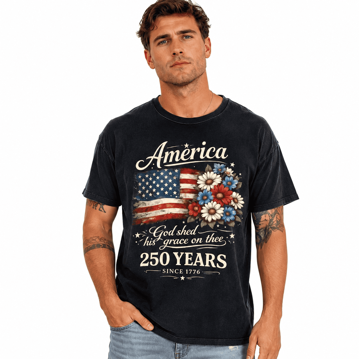 America 250 Years Floral Flag USA 250th Anniversary Patriotic T-Shirt