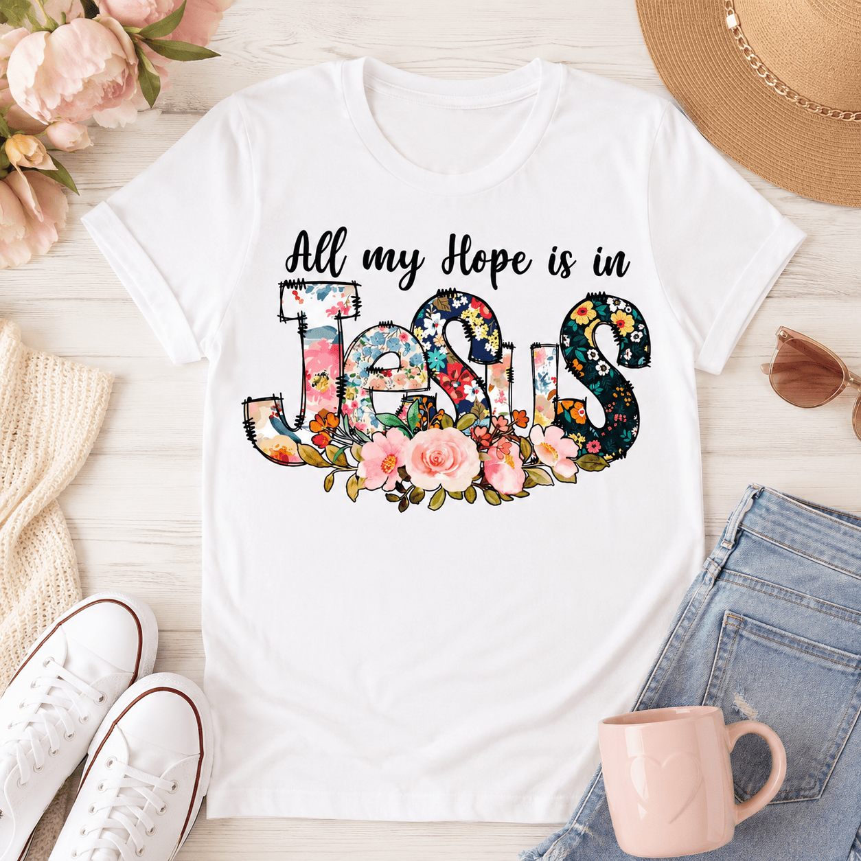 All My Hope Is In Jesus Graphic Tee - Floral Patchwork Faith T-Shirt