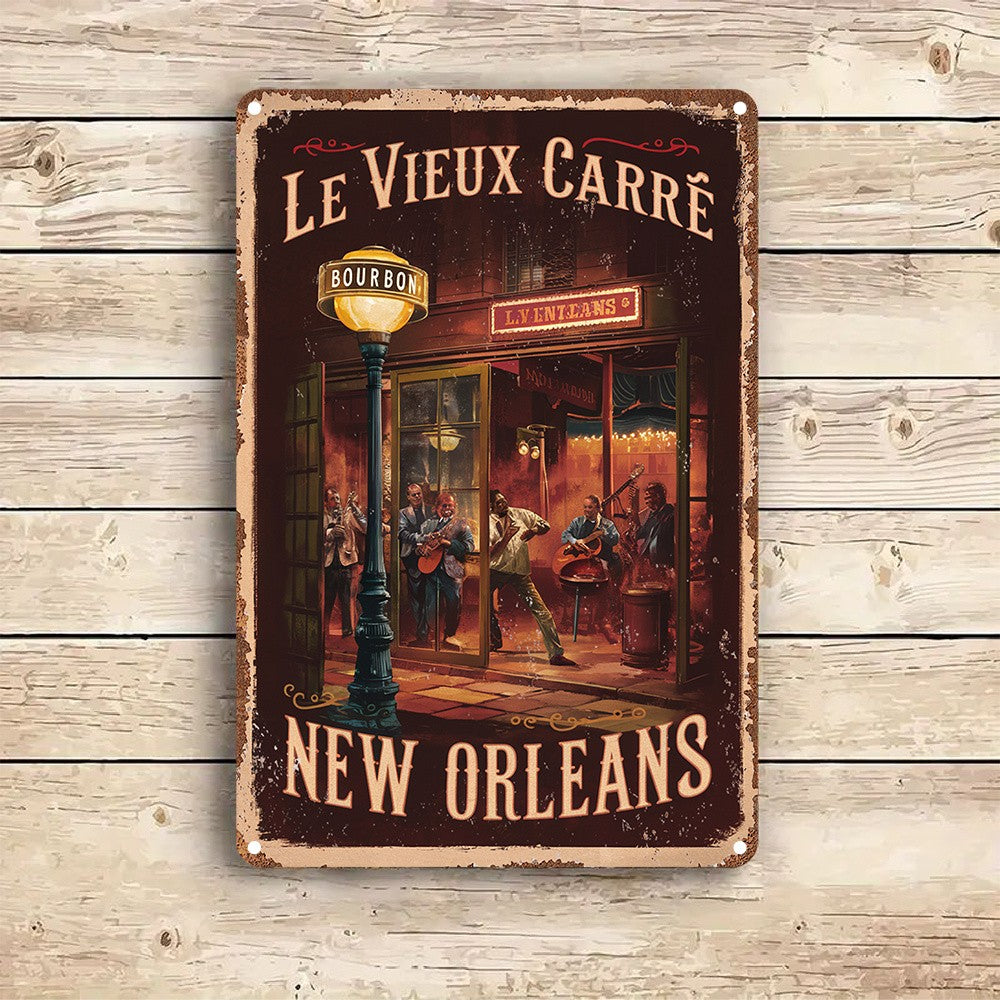 "Le Vieux Carre" Metal Sign - New Orleans Jazz Tin Wall Art Decor Plaque