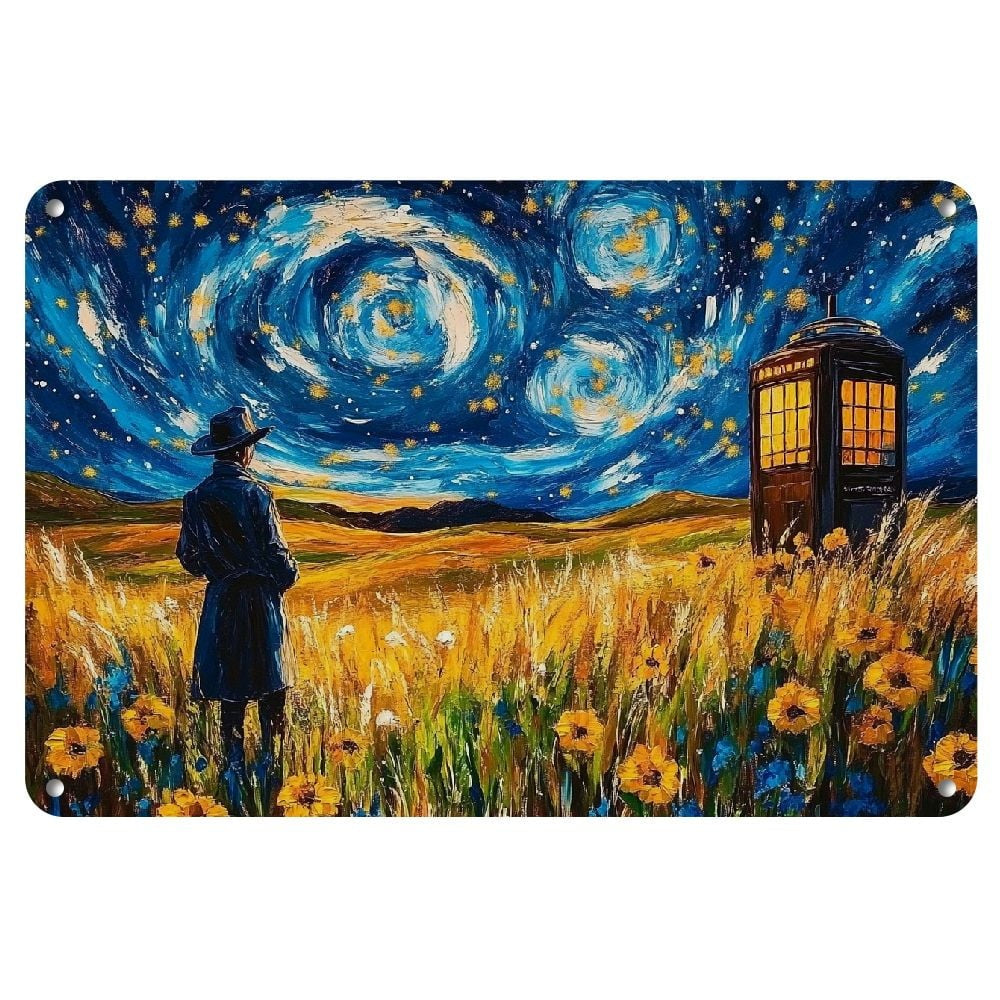 Starry Night Tardis Metal Tin Sign Vintage Sci Fi Police Box Retro Wall Decor