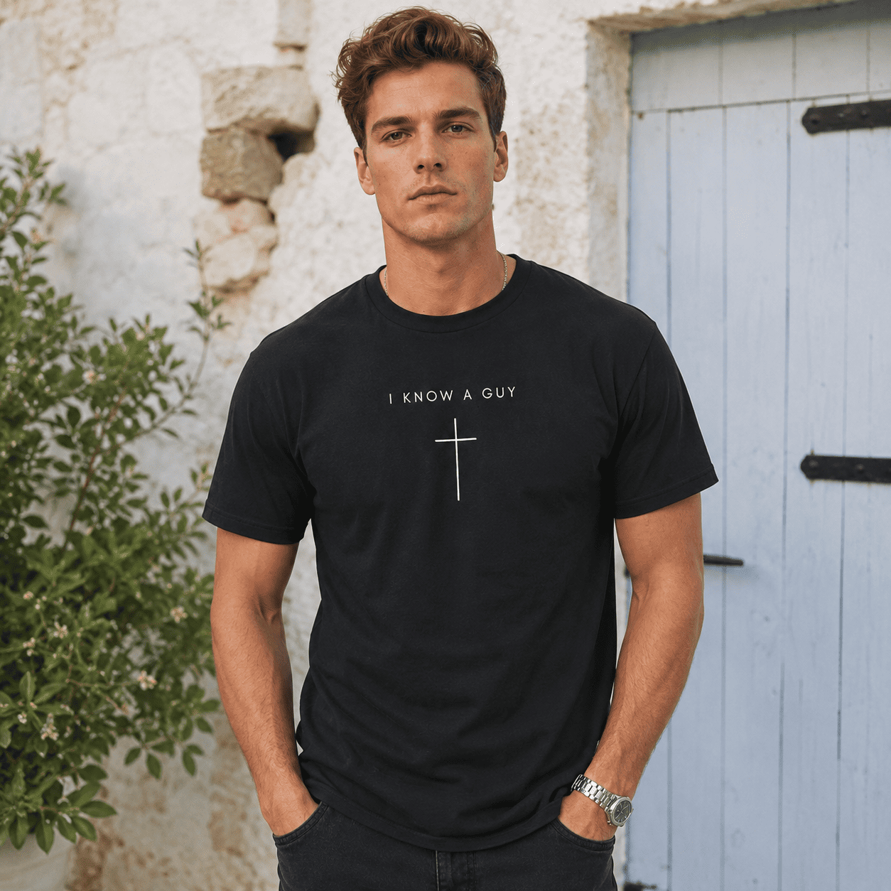 I Know A Guy Cross T-Shirt | Minimalist Christian Faith Graphic Tee