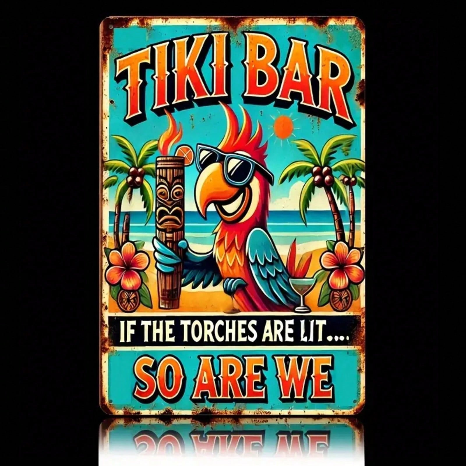 Tiki Bar Tin Sign Vintage Parrot Metal Sign Tropical Island Wall Decor