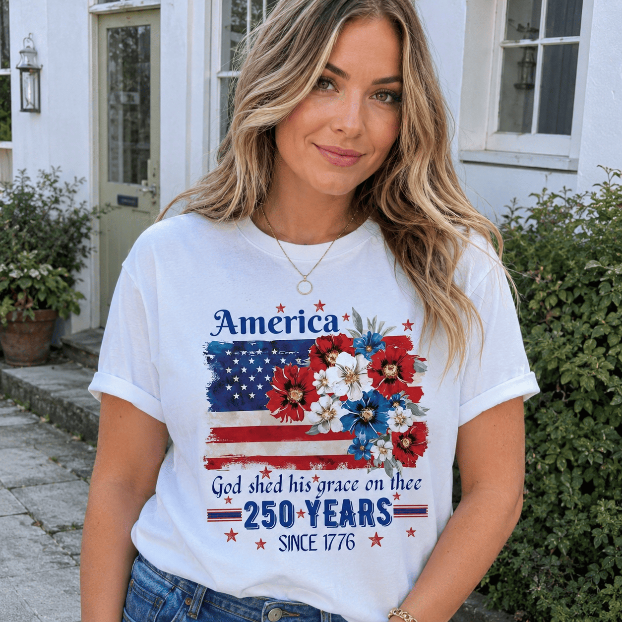 America 250 Years Semicentennial Graphic Tee - Patriotic Floral USA Flag T-Shirt