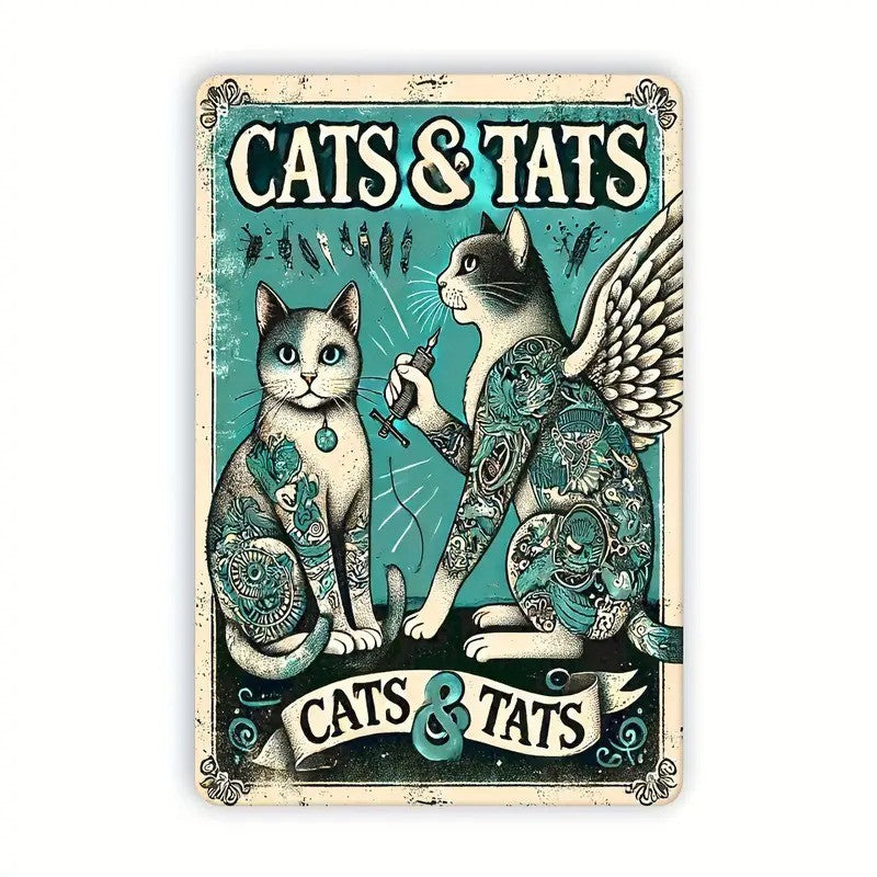 Rustic Vintage Cats and Tats Metal Sign Retro Tattoo Parlor Art Kitty Wall Decor