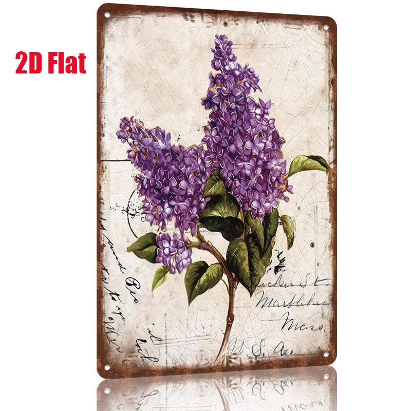 Rustic Floral Tin Sign - Purple Lilac Flower Metal Poster Wall Art Decor
