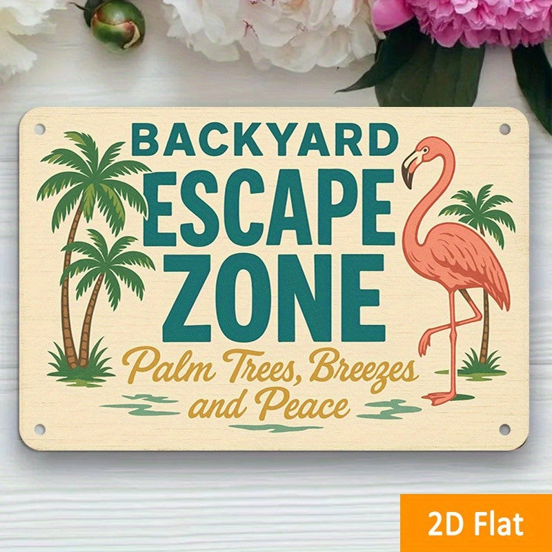 Beach Backyard Escape Zone Metal Sign Vintage Flamingo Palm Tree Wall Decor