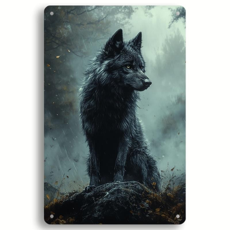 Black Wolf Metal Sign - Moody Forest Animal Tin Wall Art Poster Decor