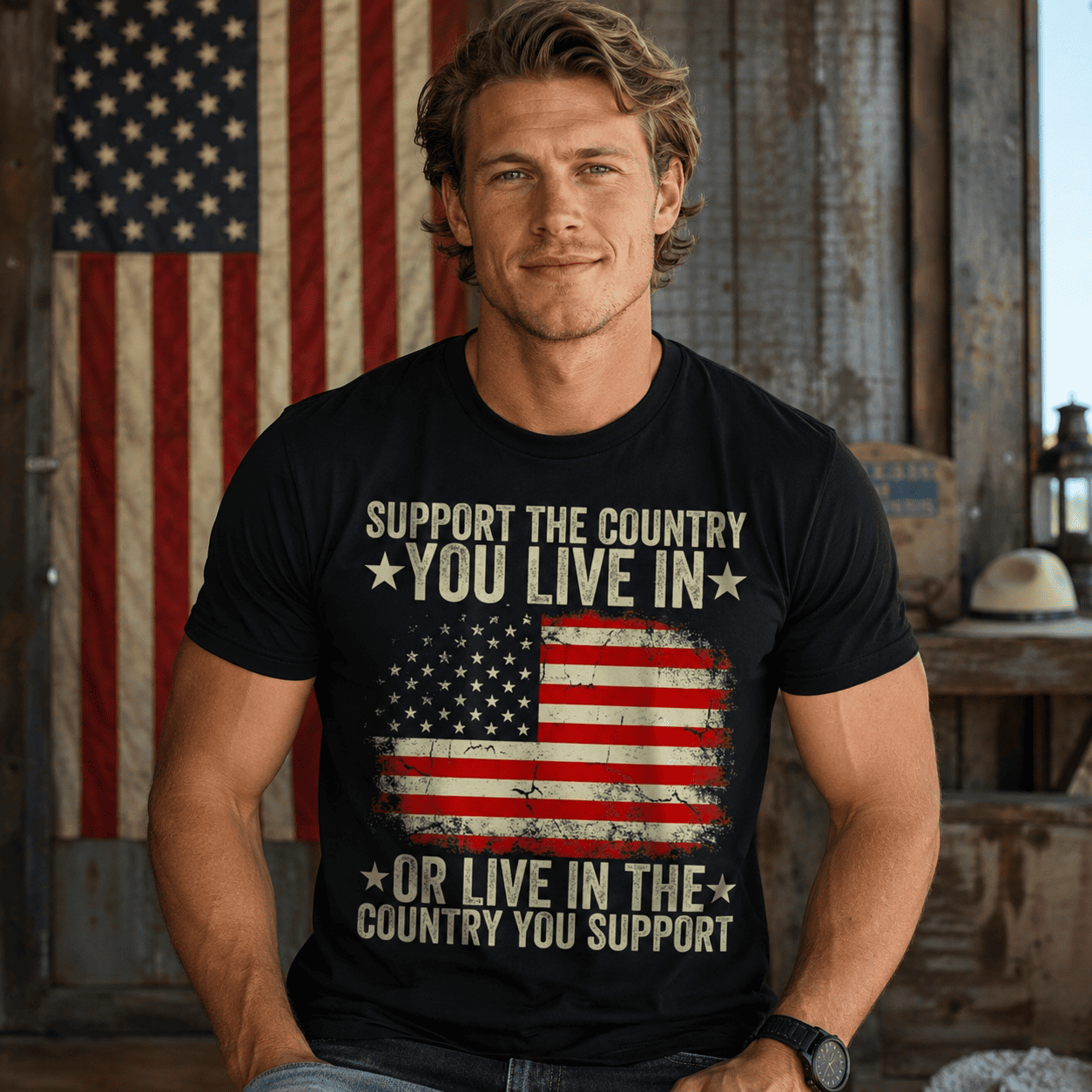 Support The Country You Live In T-Shirt | Patriotic American Flag Graphic Tee