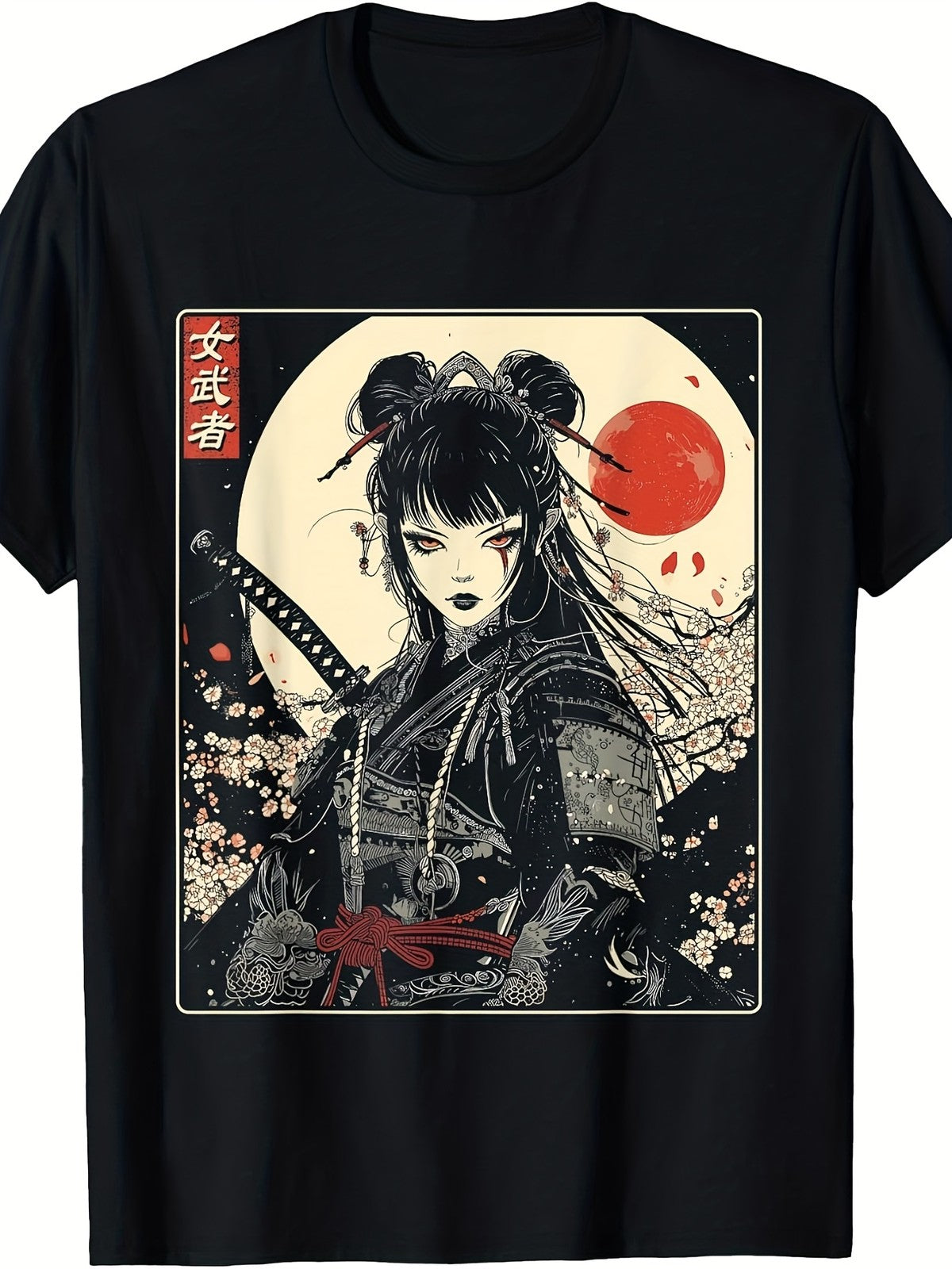 Japanese Gothic Samurai Woman Katana Graphic T-Shirt Dark Anime Style Tee