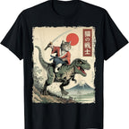 Funny Samurai Cat Riding T-Rex Ukiyo-E Style Graphic T-Shirt Streetwear Tee