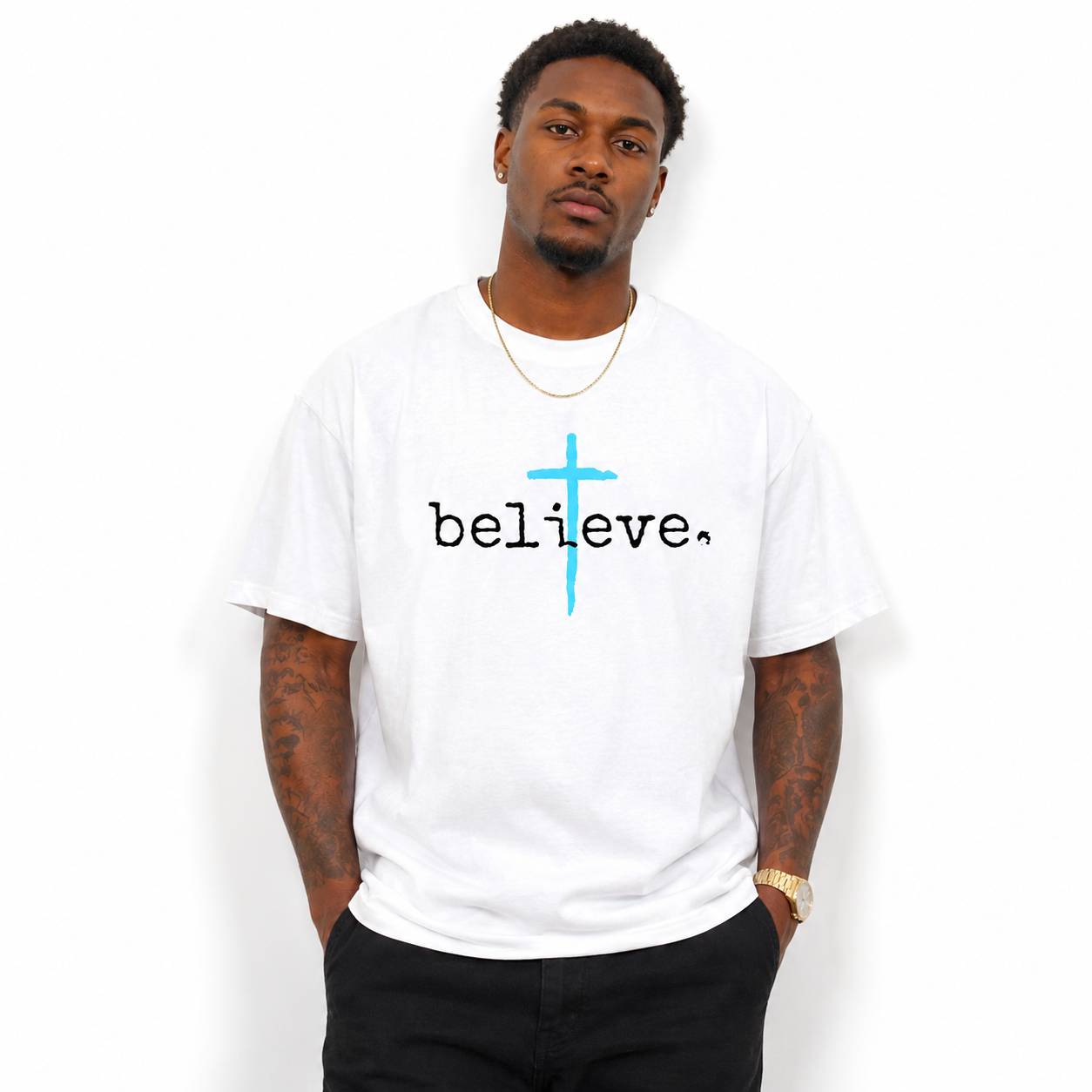 Men’s Believe Cross Christian Faith Graphic T-Shirt Religious Inspirational Tee