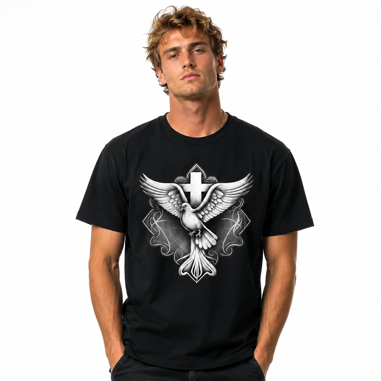 Holy Spirit Dove Cross Christian Faith Religious Church Graphic Men’s T-Shirt