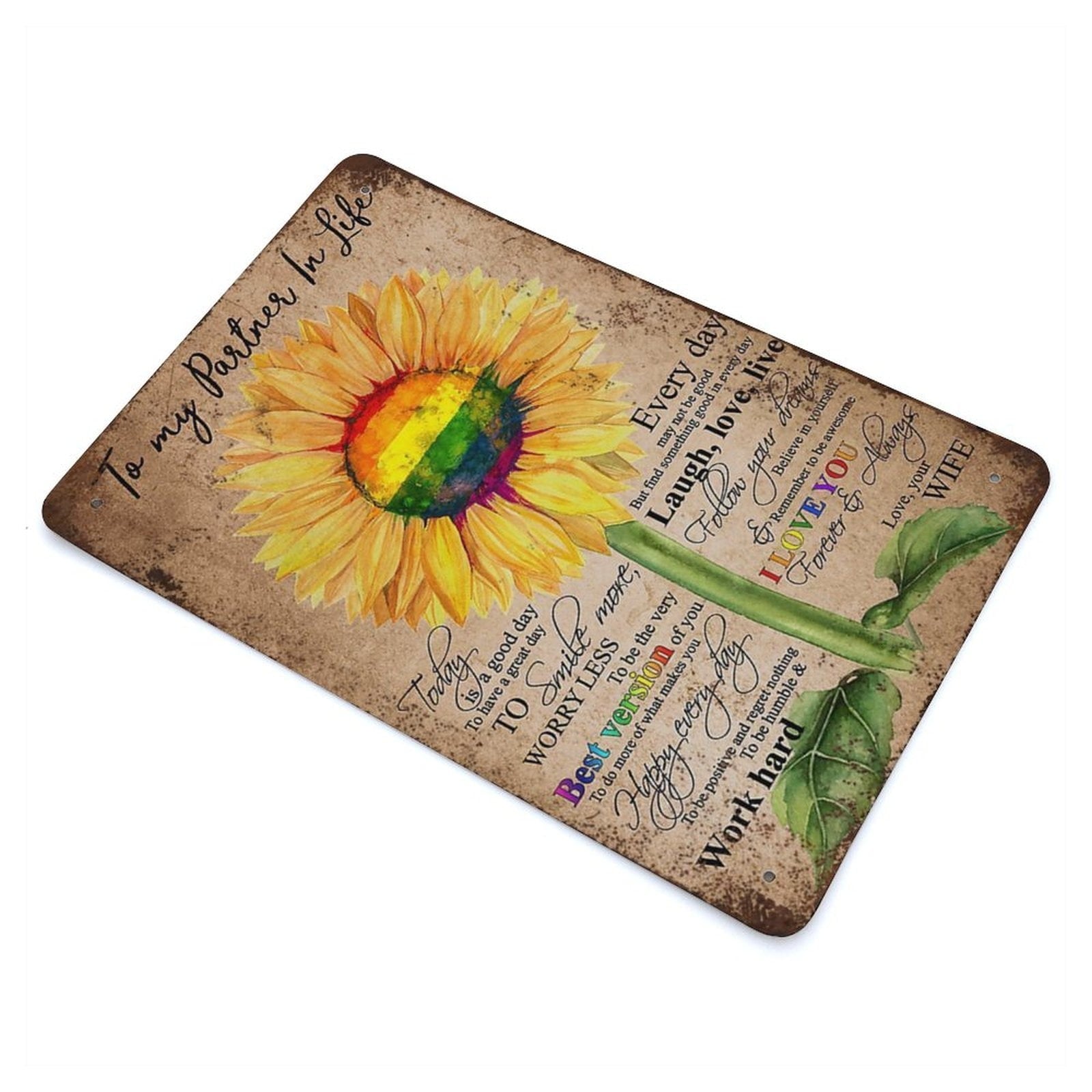 To My Partner In Life Metal Sign Vintage Rainbow Sunflower Wife Gift Decor