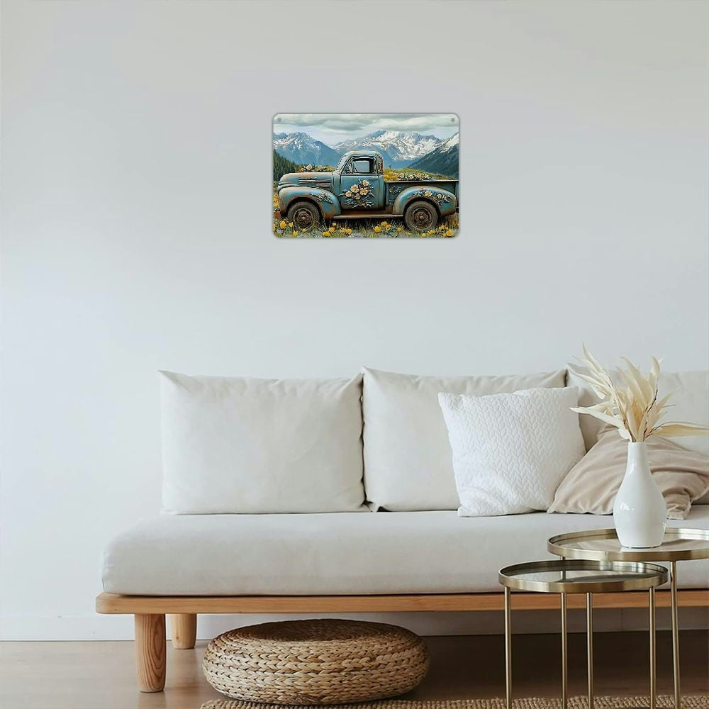 Rustic Farm Truck Metal Sign Retro Floral Pickup Mountain Landscape Wall Decor