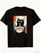 Men's Vintage Japanese Ramen Cat T-Shirt - Kitten Eating Noodles Print