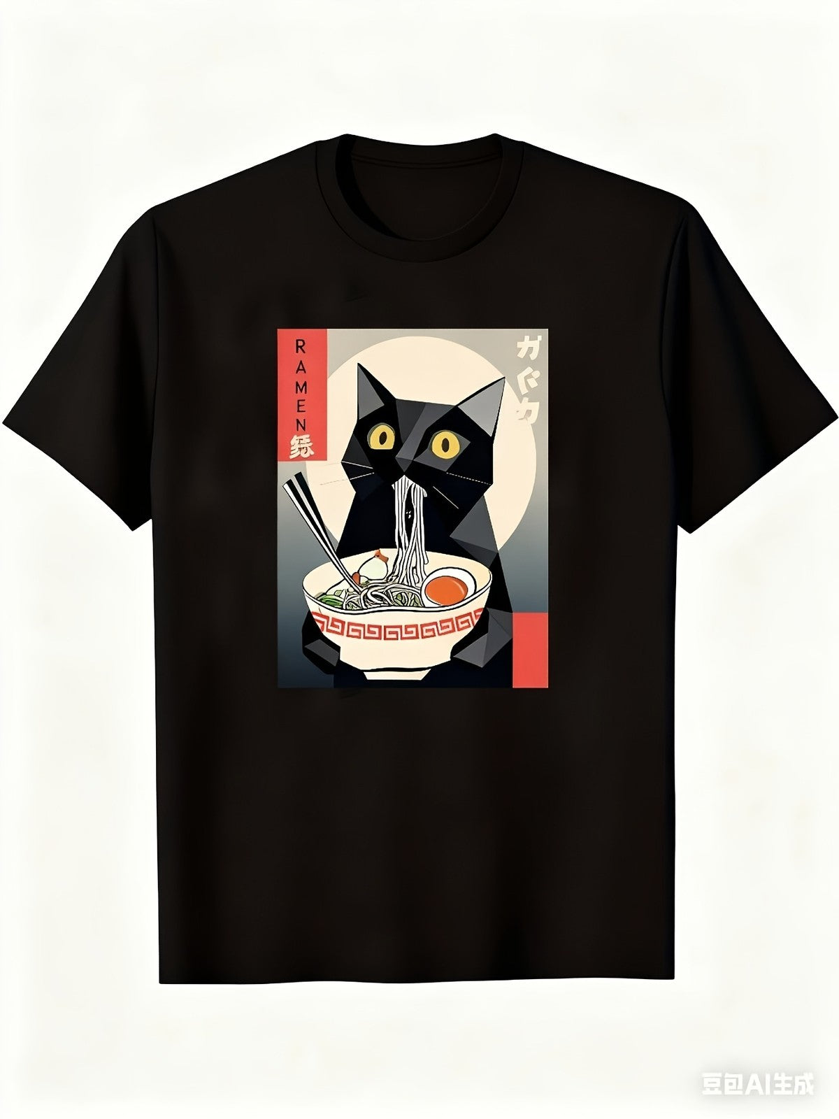 Men's Vintage Japanese Ramen Cat T-Shirt - Kitten Eating Noodles Print
