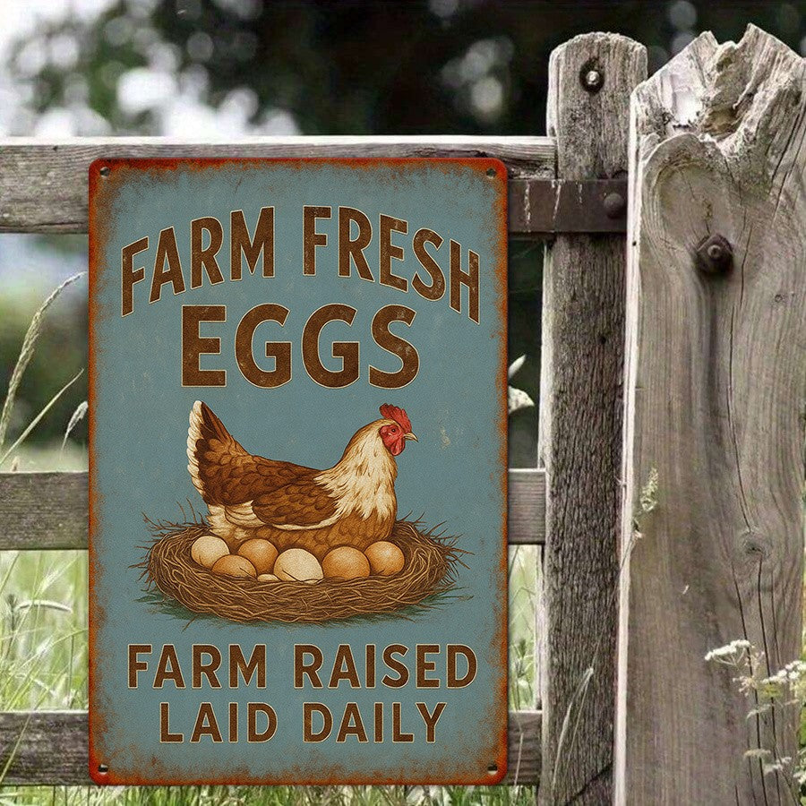 Rustic Farm Fresh Eggs Metal Tin Sign - Retro Chicken Raised Laid Daily Plaque