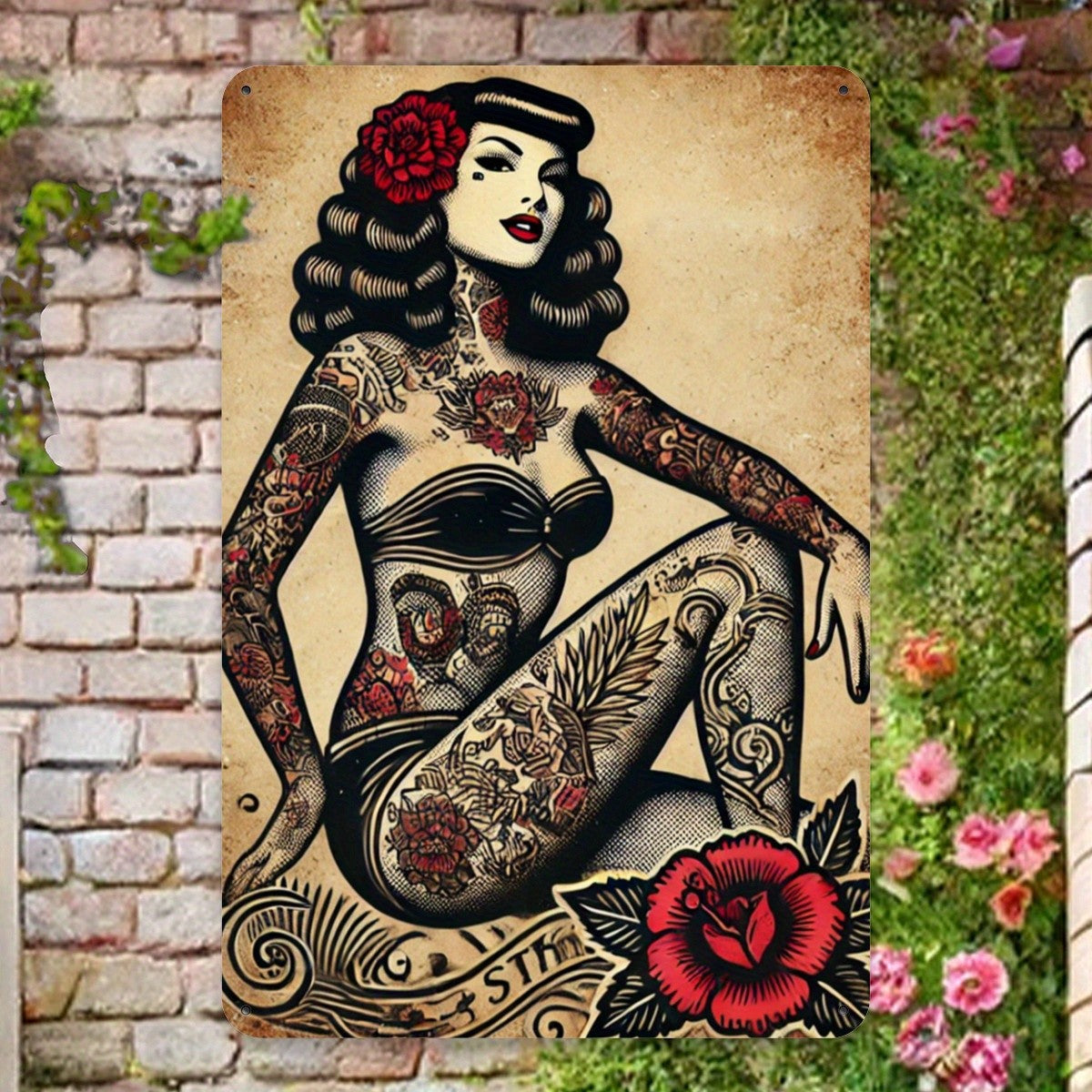 Tattoo Pin-Up Girl Metal Sign - Retro Traditional Ink Tin Wall Decor