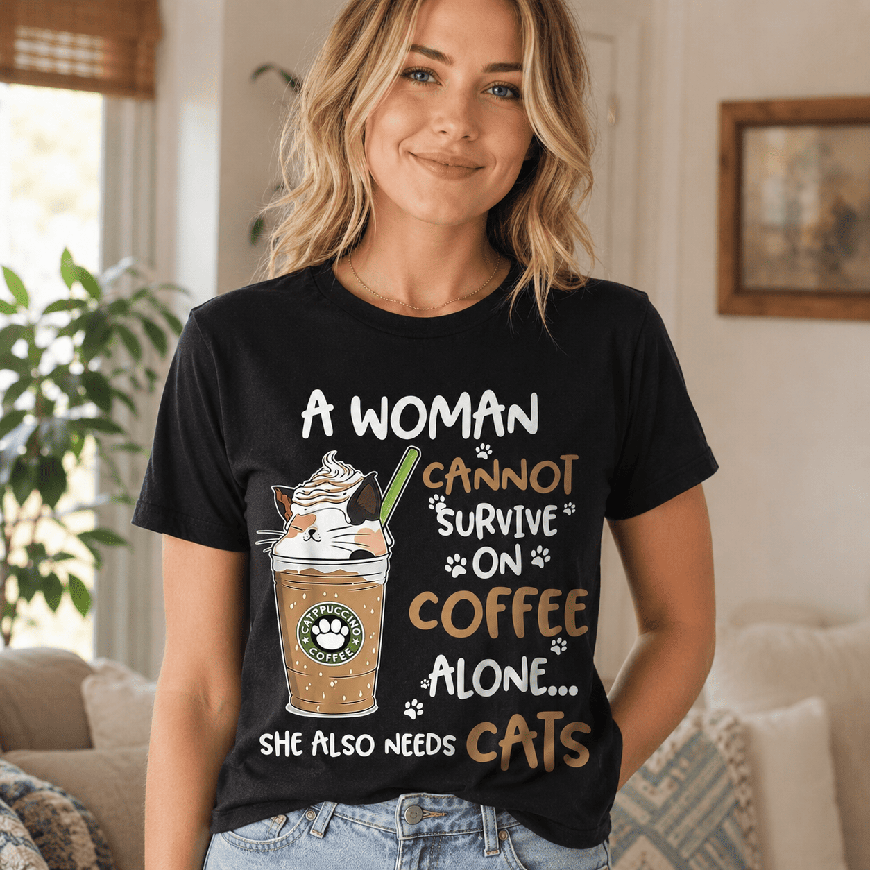 Women Funny Cat Coffee Lover Graphic T-Shirt Cute Kitty Casual Crew Neck Tee