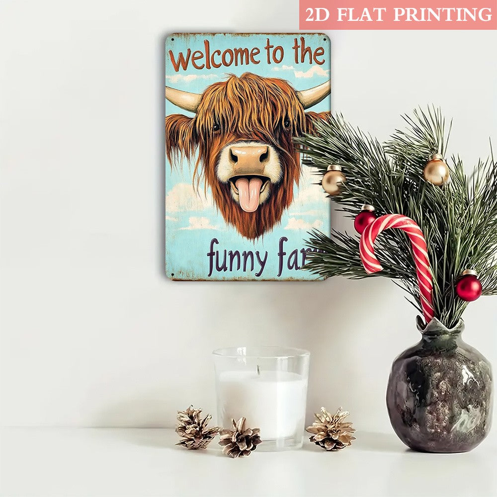 "Welcome to the Funny Farm" Metal Sign - Highland Cow Tin Wall Art Decor