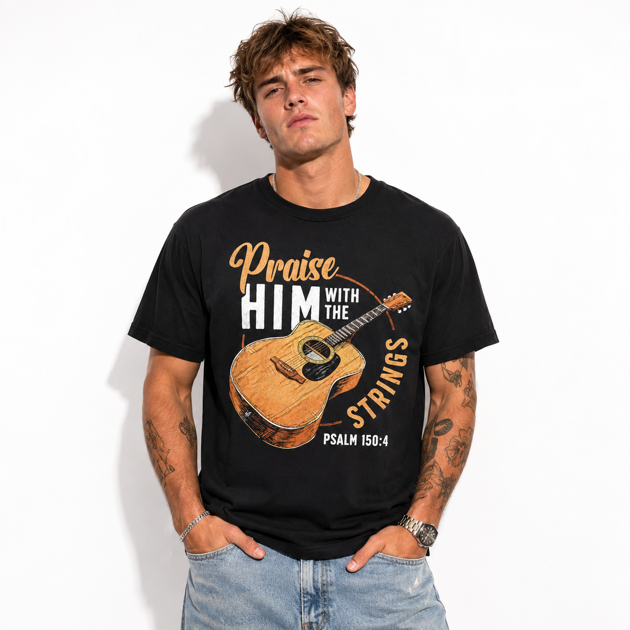 Praise Him With Strings Psalm T Shirt Christian Guitar Faith Graphic Tee