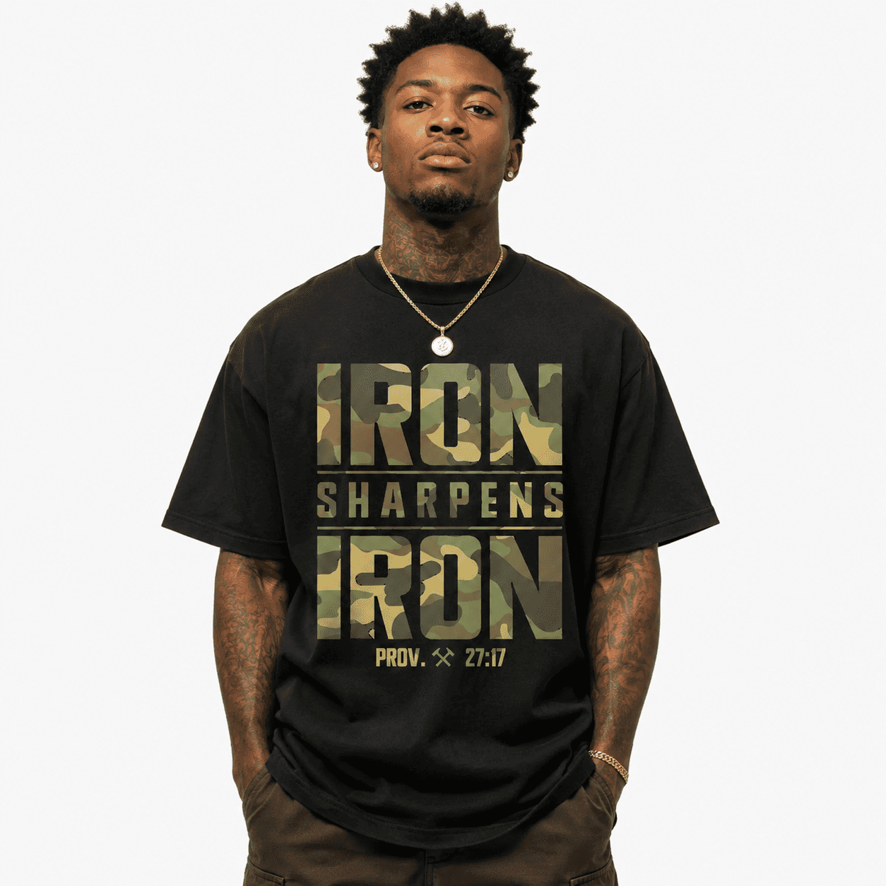 Iron Sharpens Iron Christian Bible Verse Graphic T-Shirt Camouflage Faith Tee