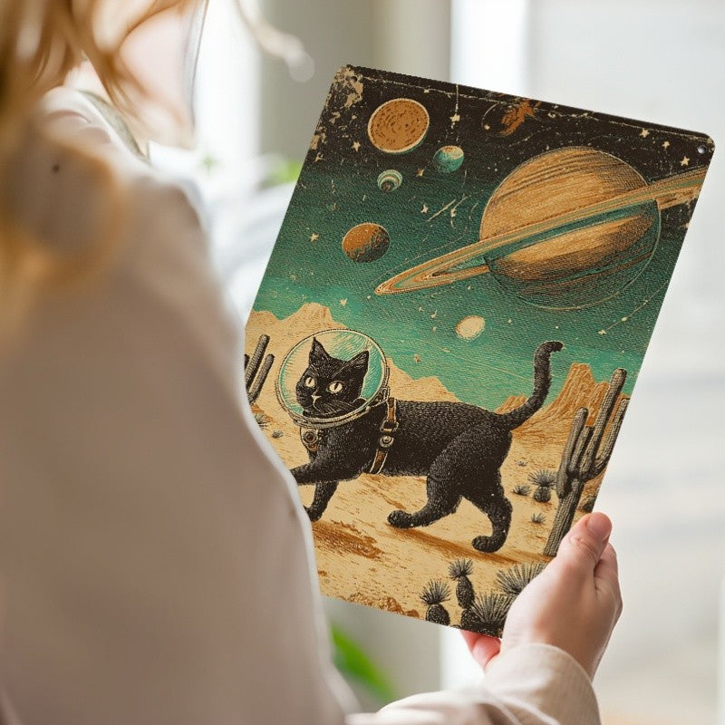 Astronaut Cat Metal Sign - Space Travel Cat Tin Wall Art Decor Plaque