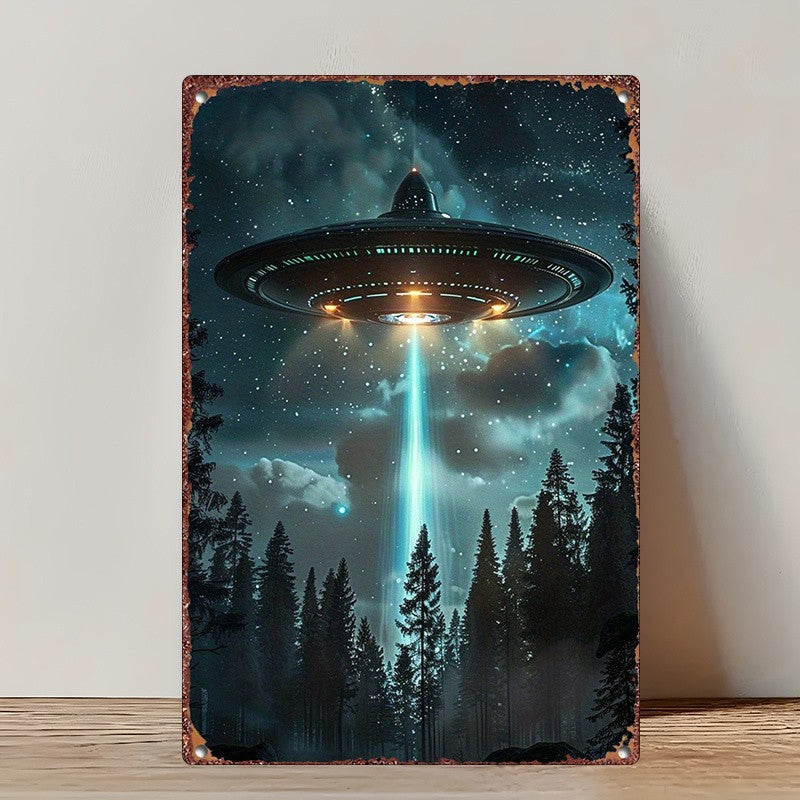 Sci-Fi UFO Tin Sign - Mysterious Alien Spacecraft Metal Poster Wall Art Decor