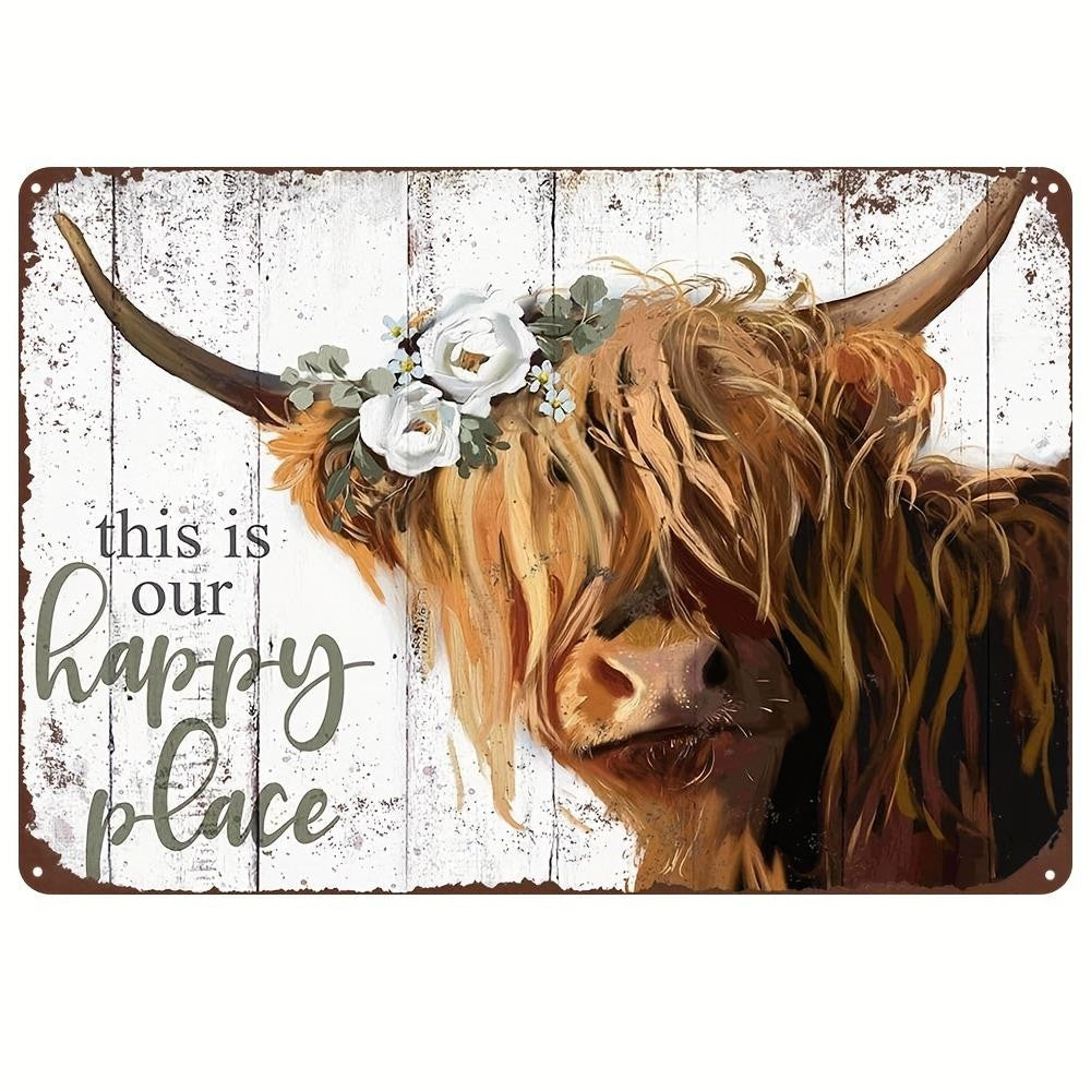 This Is Our Happy Place Tin Sign Highland Cow Metal Sign Farmhouse Wall Decor