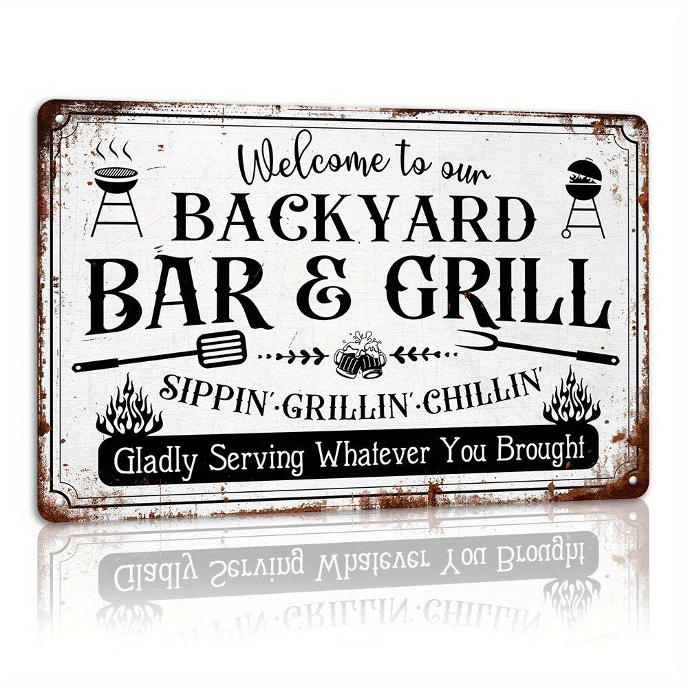 Welcome To Our Backyard Bar And Grill Metal Sign - Funny BBQ Tin Decor