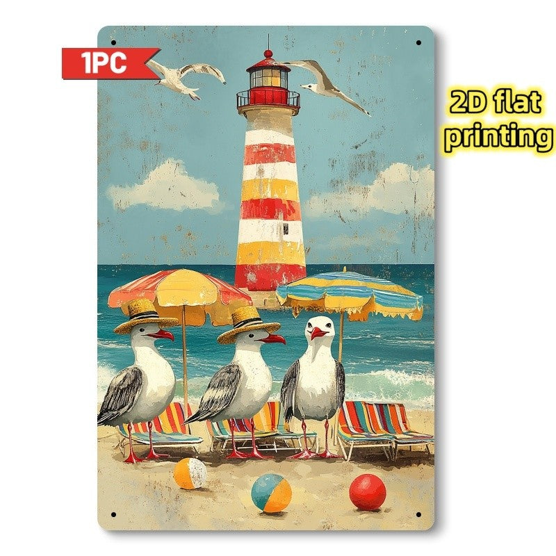 Nautical Seaside Tin Sign - Funny Seagull Metal Poster Wall Art Decor Plaque