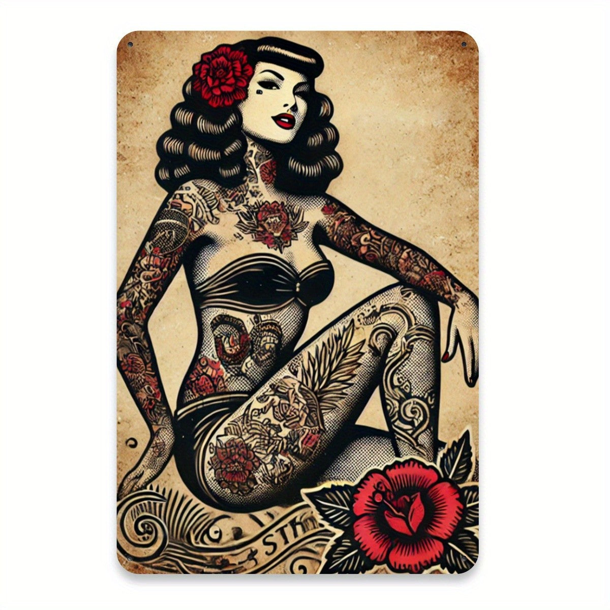 Tattoo Pin-Up Girl Metal Sign - Retro Traditional Ink Tin Wall Decor