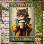 Funny Cat Metal Sign - "Catitude" Coffee Lover Tin Wall Decor Plaque