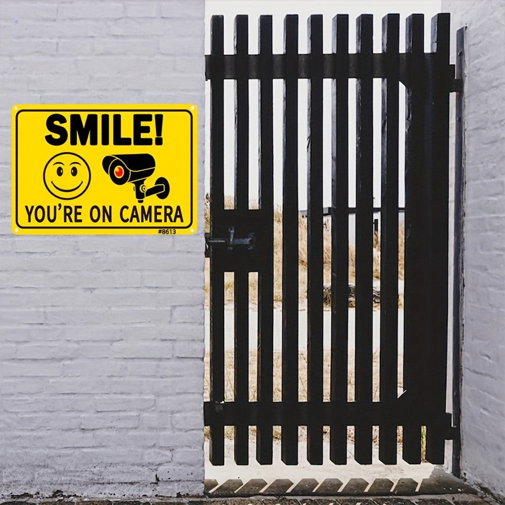 Smile Youre On Camera Tin Sign Yellow Security Metal Wall Art Surveillance Decor