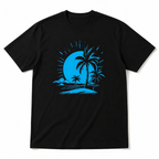 Tropical Palms Sunset Graphic Tee - Minimalist Blue Coastal Streetwear Shirt