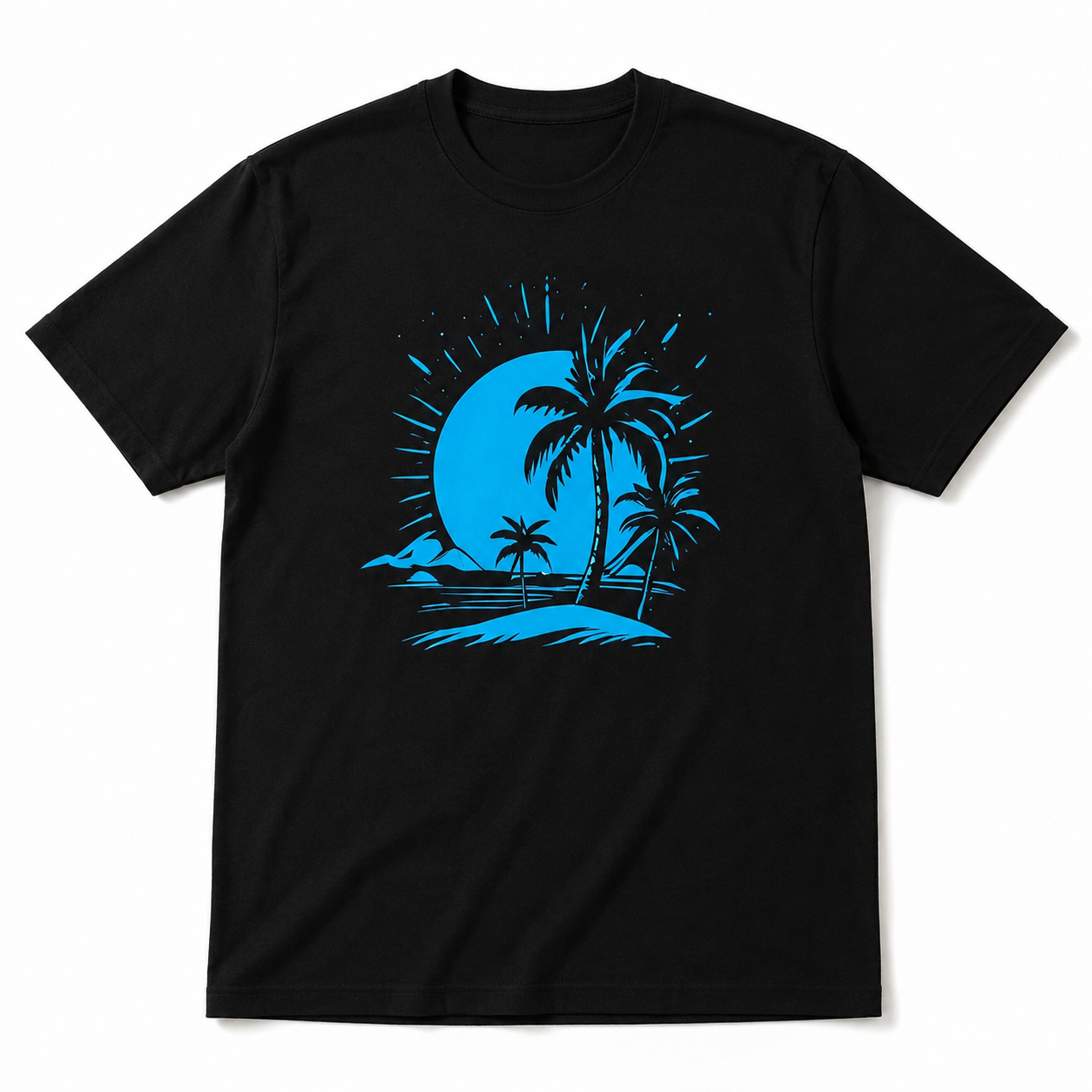 Tropical Palms Sunset Graphic Tee - Minimalist Blue Coastal Streetwear Shirt