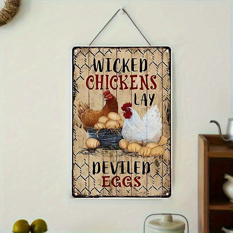 Funny Chicken Metal Sign - "Wicked Chickens" Deviled Eggs Tin Wall Decor