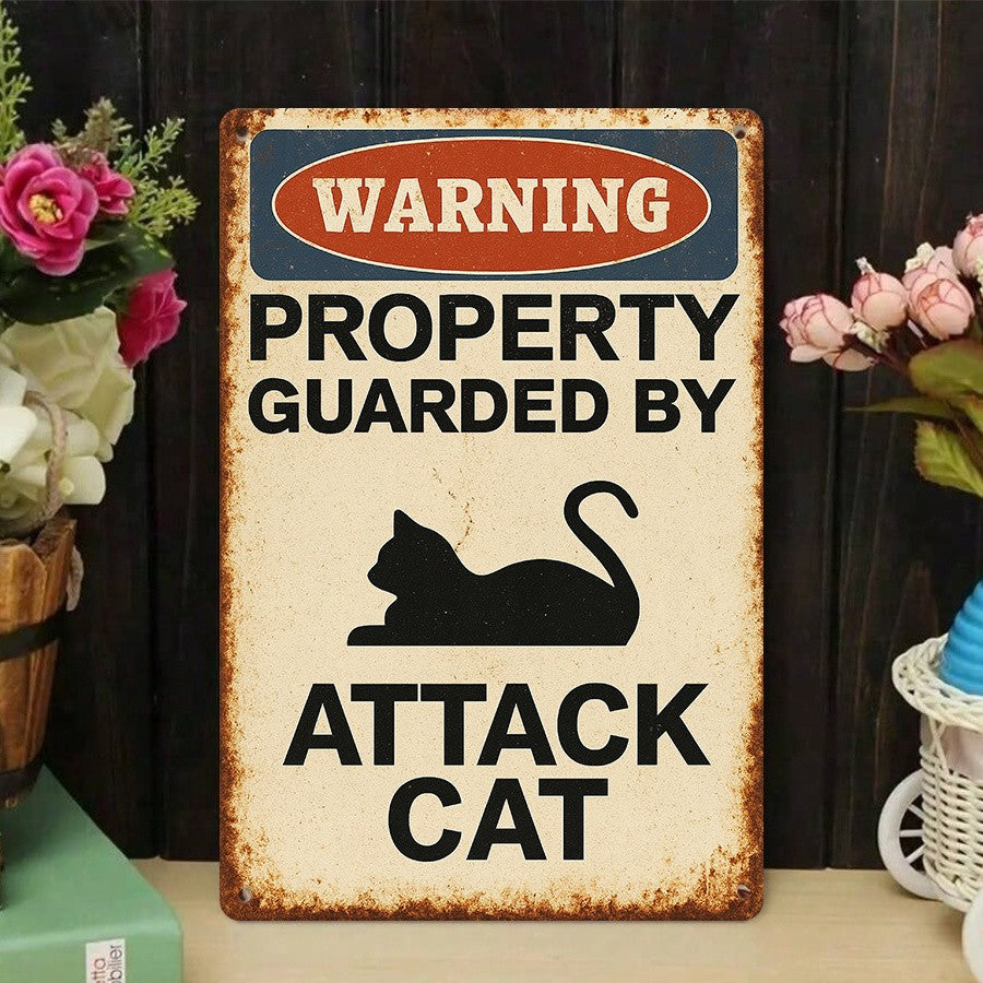 Funny Attack Cat Metal Sign Vintage Security Warning Notice Fence Gate Wall Art