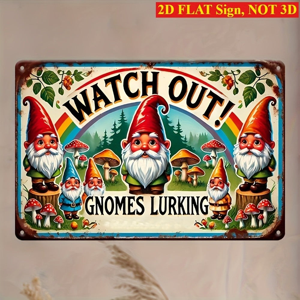 Watch Out Gnomes Lurking Tin Sign Vintage Metal Garden Sign Rainbow Wall Decor