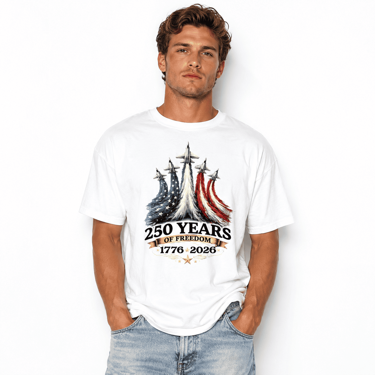 USA 250th Anniversary Fighter Jet Flag Patriotic Independence T-Shirt