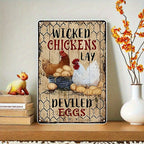 Funny Chicken Metal Sign - "Wicked Chickens" Deviled Eggs Tin Wall Decor