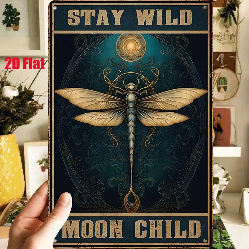 Stay Wild Moon Child Metal Sign - Artistic Dragonfly Tin Wall Decor Plaque
