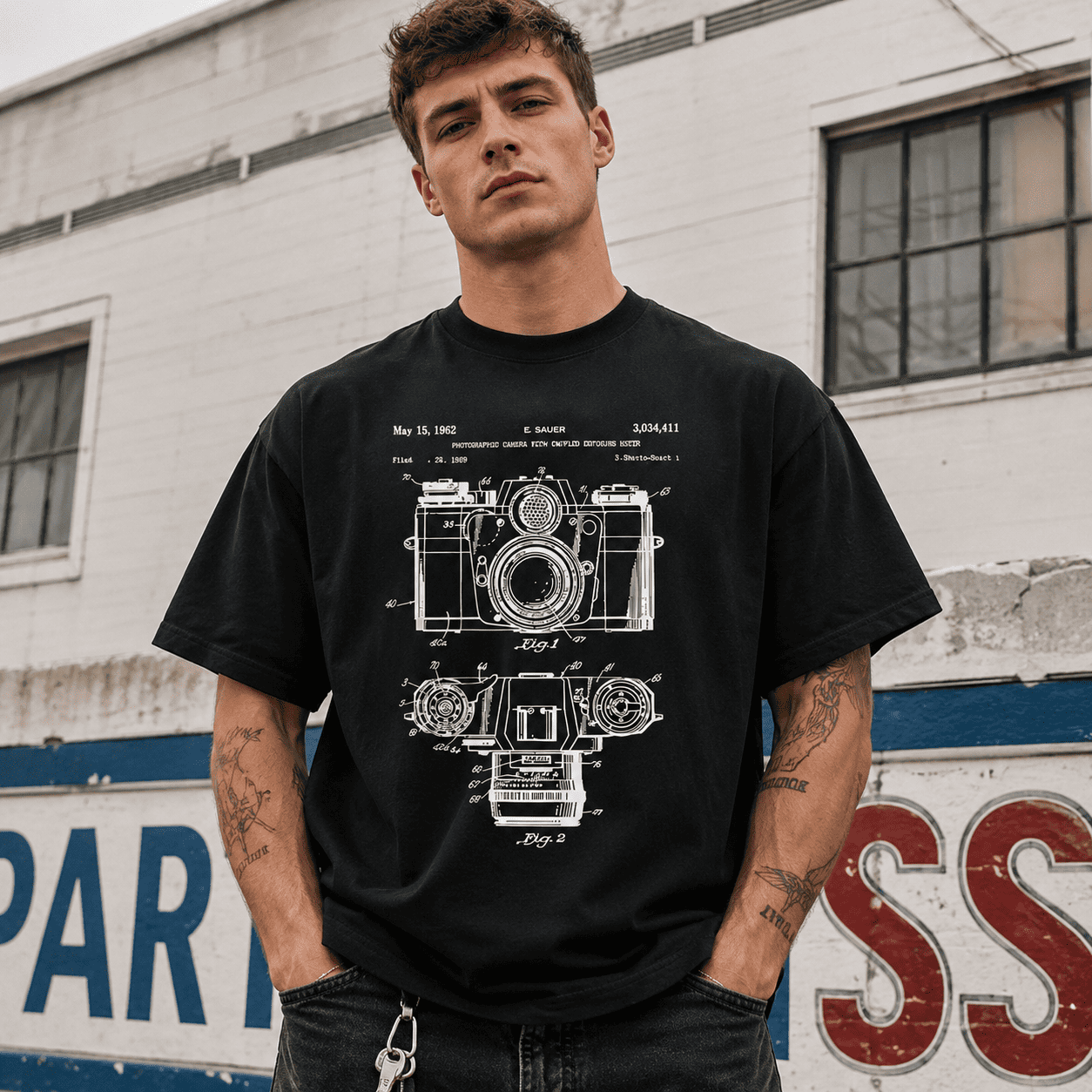 Vintage Camera Blueprint Graphic T-Shirt Photographer Retro Film Tee
