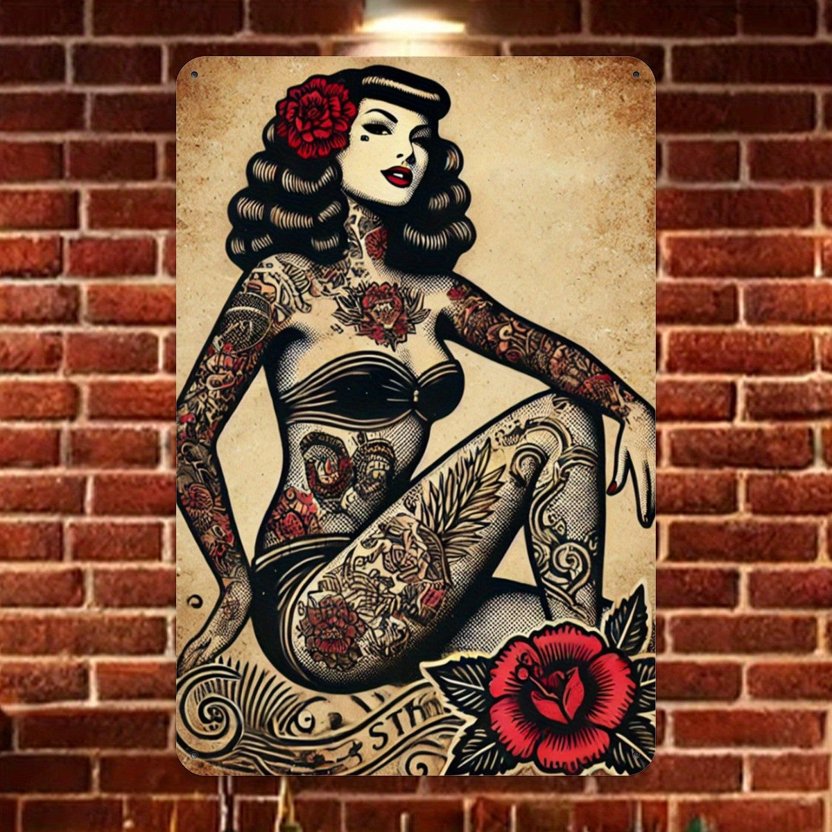 Tattoo Pin-Up Girl Metal Sign - Retro Traditional Ink Tin Wall Decor
