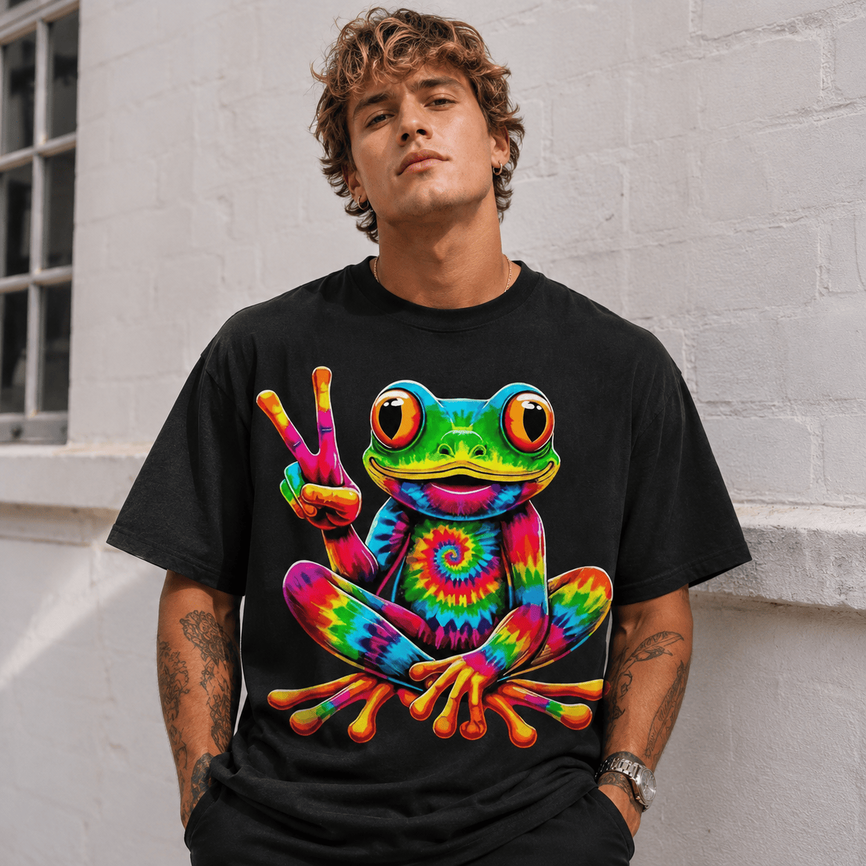 Tie Dye Peace Frog Graphic Tee - Retro Psychedelic Colorful Toad T-Shirt