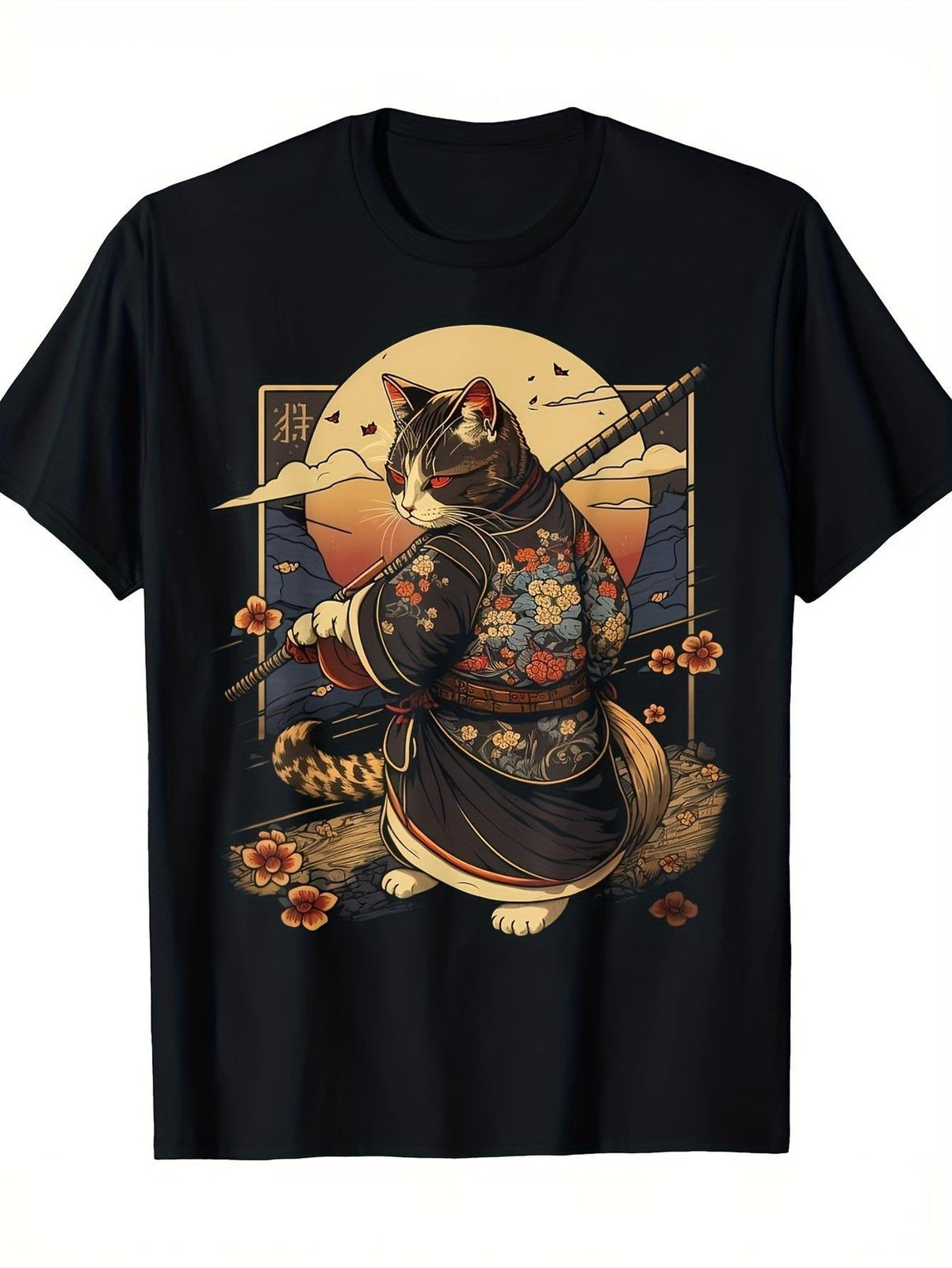 Black Cat Samurai Graphic T-Shirt Japanese Anime Style Streetwear Tee